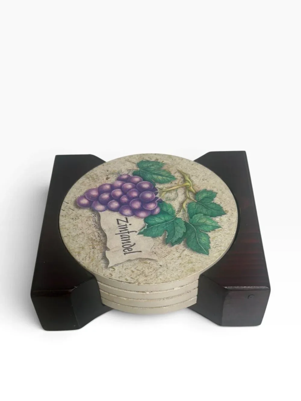 Vintage E. Rosenfeld Frank Ceramic Wine Coasters Set of 4 with Wood Caddy Holder